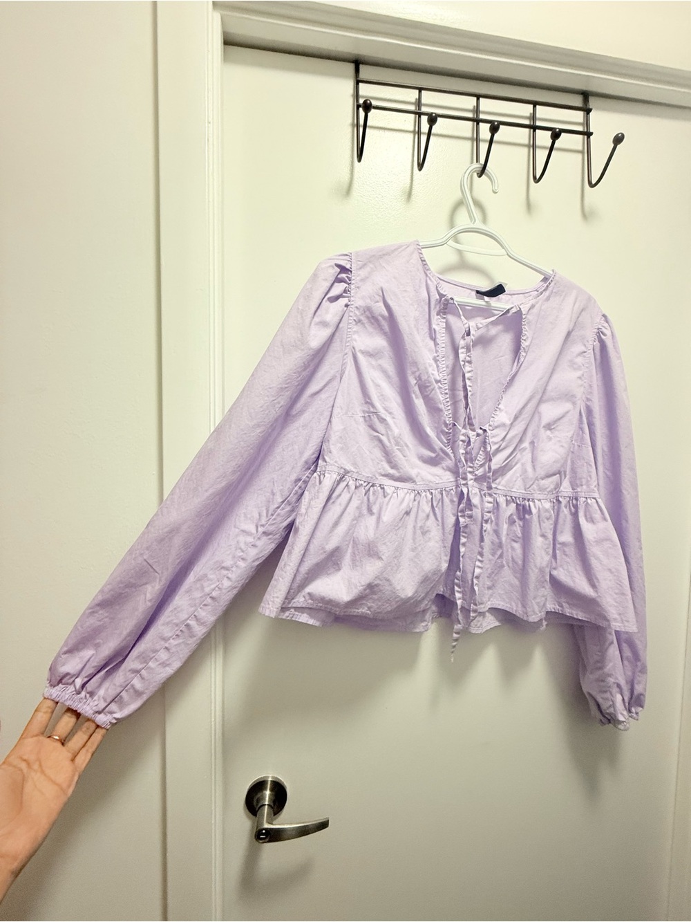 H&M 100% Cotton Lilac Purple Peplum Ruffled Tie Front Blouse L